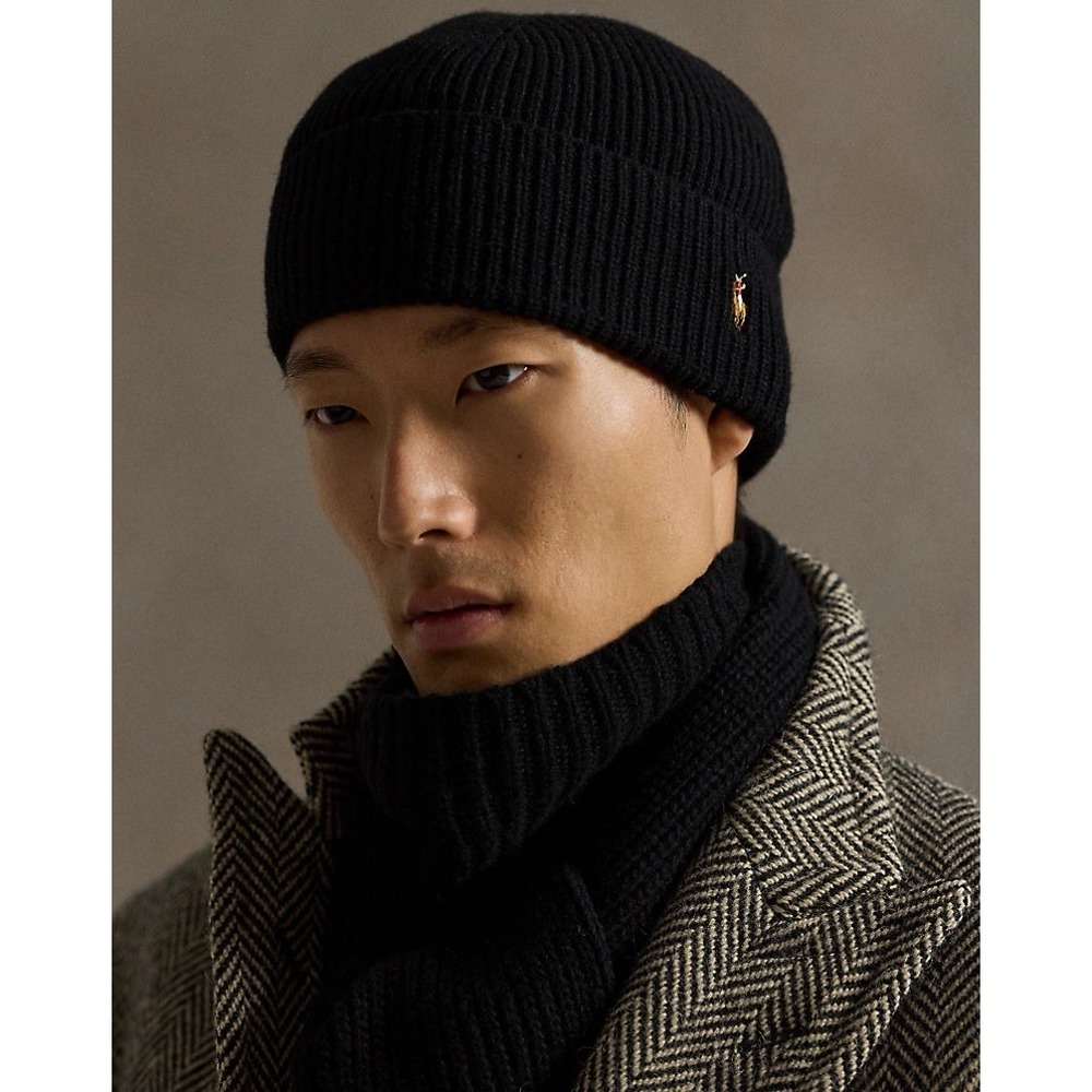 Ralph Lauren Mens Signature Pony Wool-Blend Beanie Black Ribbed Preppy Fall